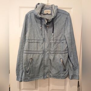 Ashley Vintage Charm Women's Jacket Blue Denim Jean hooded full zip snap Chore L